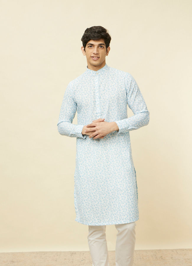 alt message - Manyavar Men Aqua Blue Bel Buti Printed Kurta image number 0